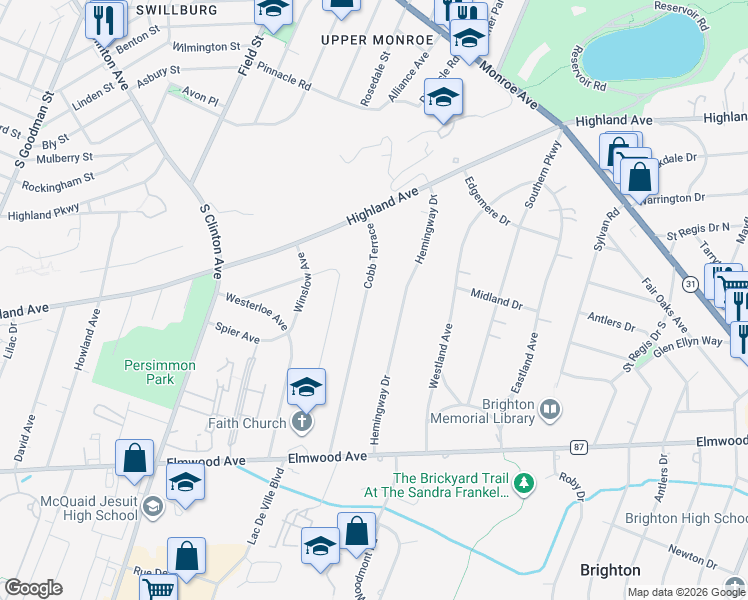 map of restaurants, bars, coffee shops, grocery stores, and more near 173 Hemingway Drive in Brighton