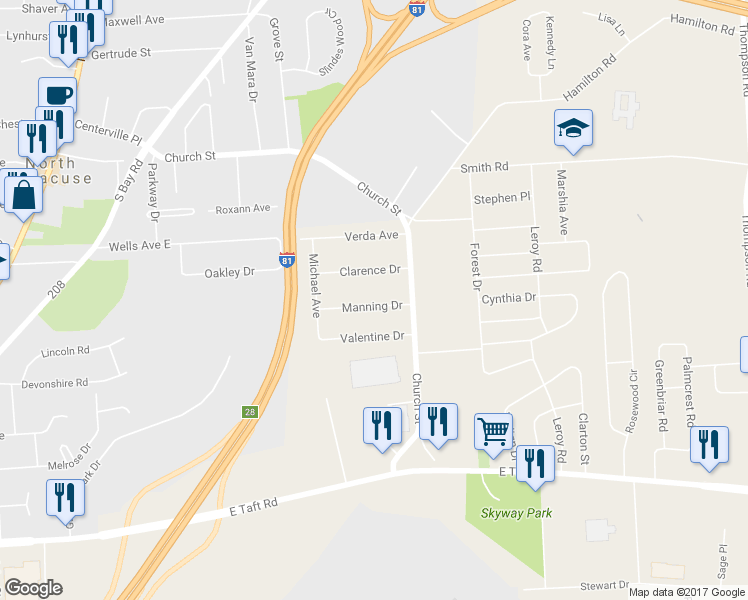 map of restaurants, bars, coffee shops, grocery stores, and more near 126 Manning Drive in Syracuse