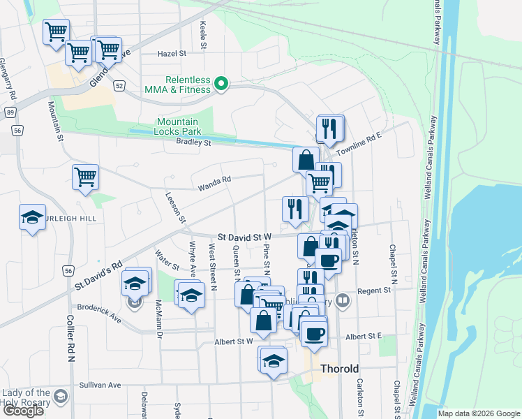 map of restaurants, bars, coffee shops, grocery stores, and more near 87 Pine Street North in Thorold