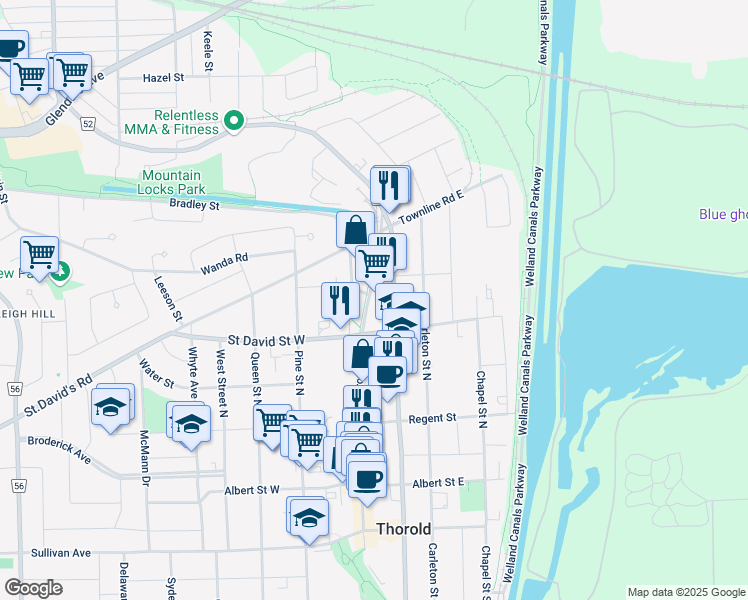 map of restaurants, bars, coffee shops, grocery stores, and more near 110 Front Street North in Thorold