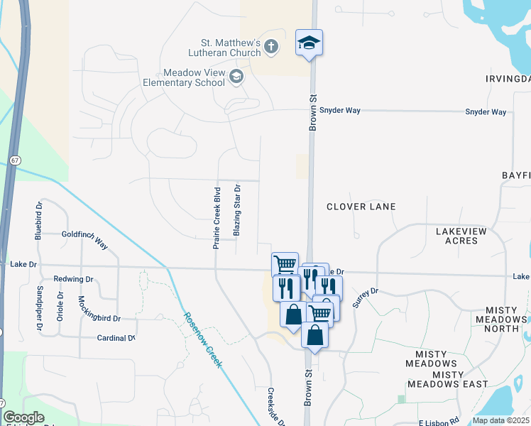 map of restaurants, bars, coffee shops, grocery stores, and more near 1441 Rosewood Pass in Oconomowoc