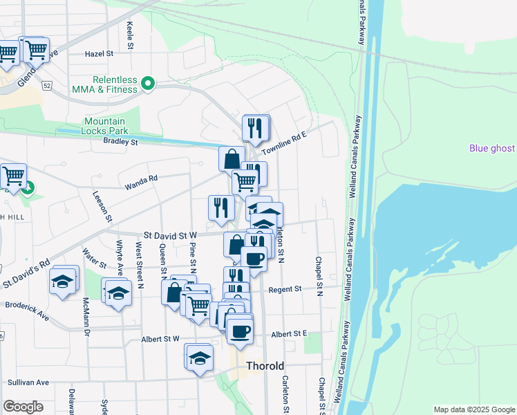 map of restaurants, bars, coffee shops, grocery stores, and more near in Thorold