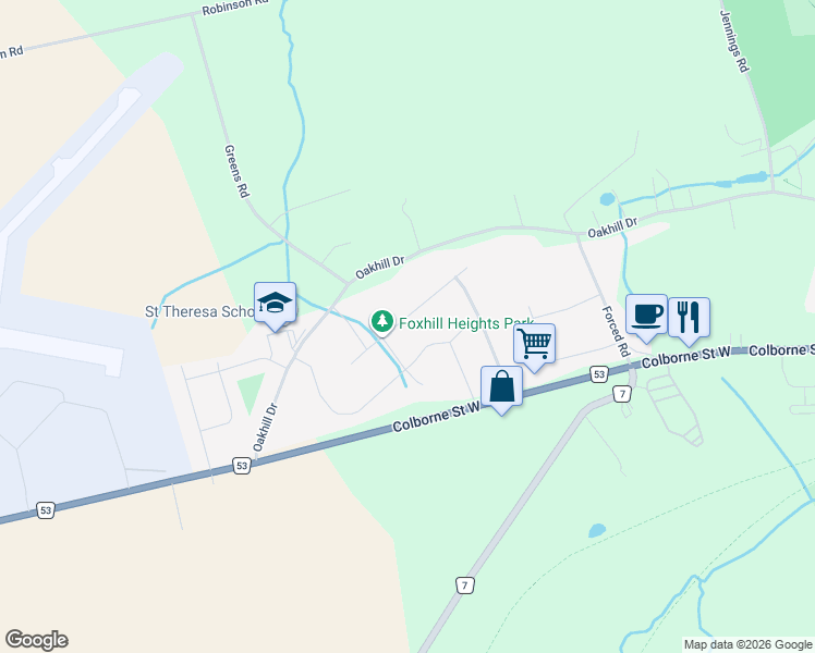 map of restaurants, bars, coffee shops, grocery stores, and more near 18 Farrow Road in Brantford