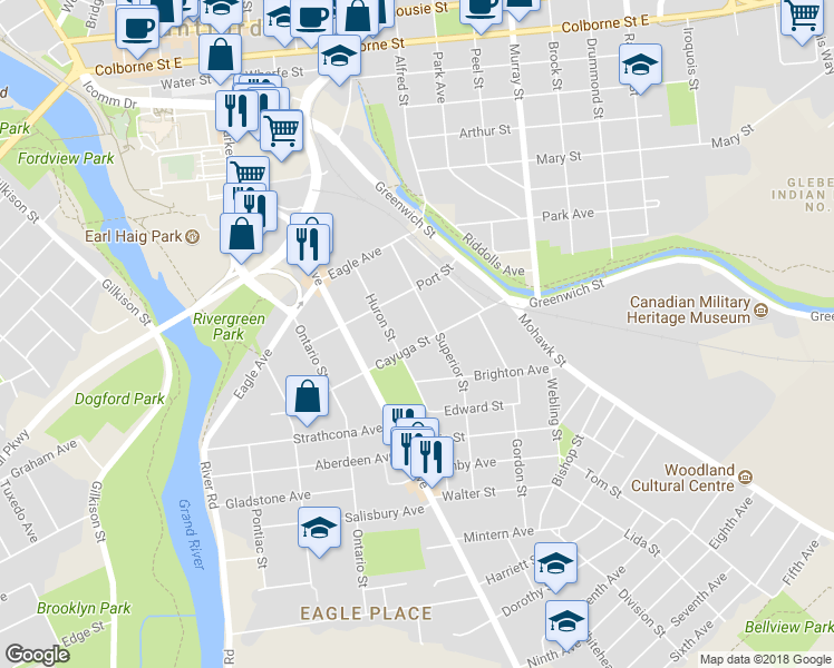 map of restaurants, bars, coffee shops, grocery stores, and more near 58 Cayuga Street in Brantford