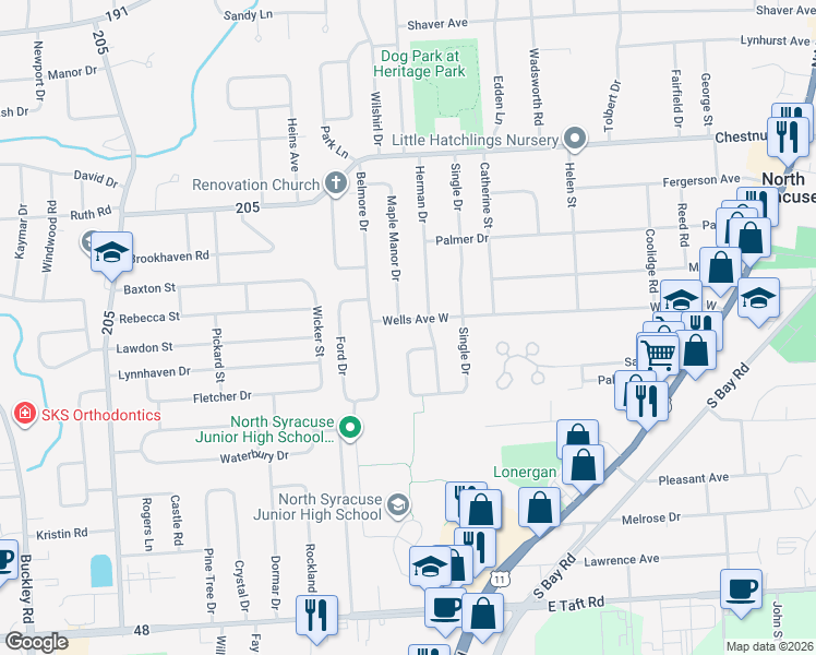 map of restaurants, bars, coffee shops, grocery stores, and more near 413 Wells Avenue West in Syracuse