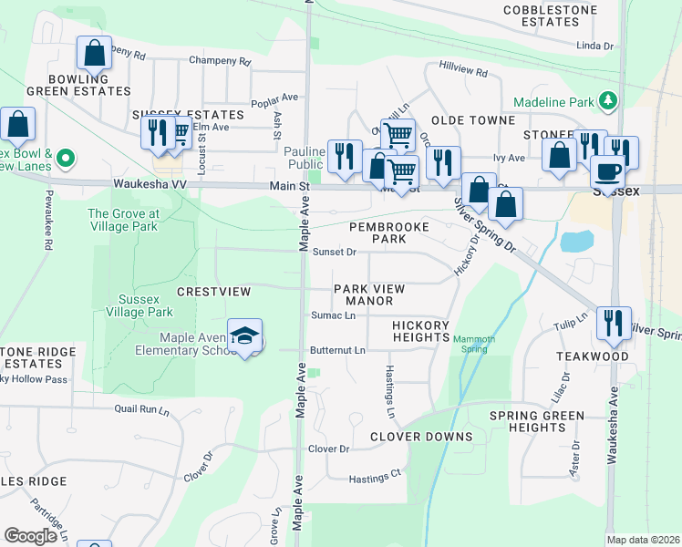 map of restaurants, bars, coffee shops, grocery stores, and more near W239N6246 Cedar Circle in Sussex