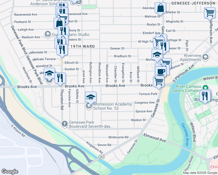 map of restaurants, bars, coffee shops, grocery stores, and more near 325 Brooks Avenue in Rochester