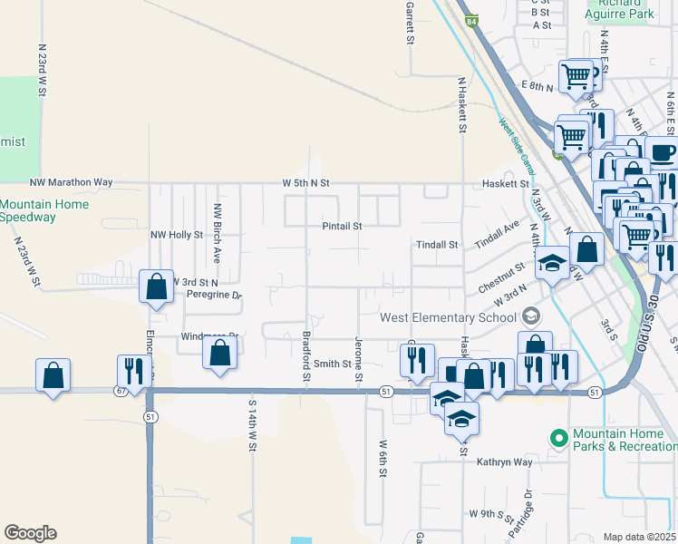 map of restaurants, bars, coffee shops, grocery stores, and more near 433 Northwest Jerome Avenue in Mountain Home