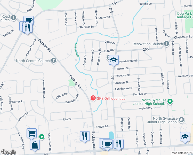 map of restaurants, bars, coffee shops, grocery stores, and more near 205 Sheatree Lane in Syracuse