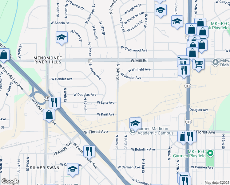 map of restaurants, bars, coffee shops, grocery stores, and more near 6205 North 84th Street in Milwaukee