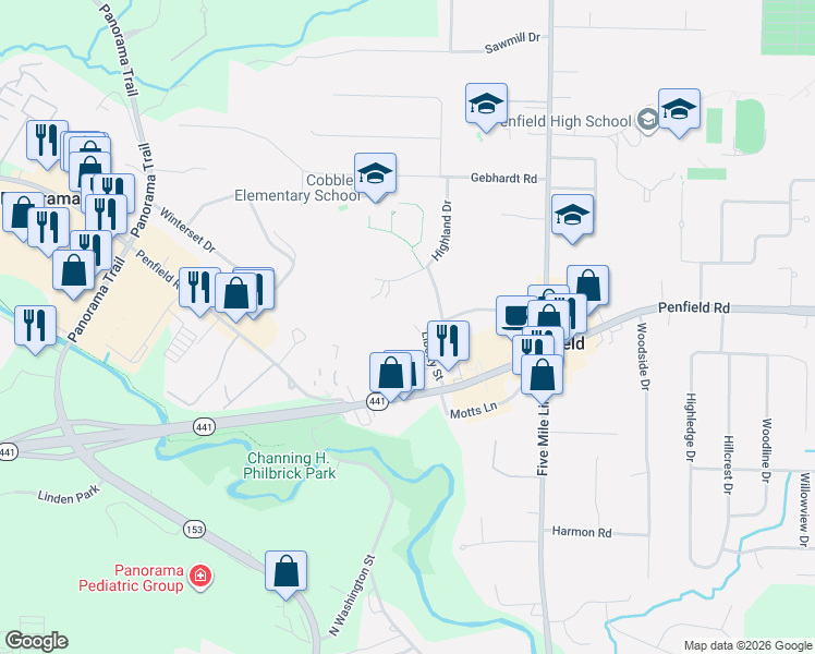 map of restaurants, bars, coffee shops, grocery stores, and more near 758 Liberty Street in Penfield