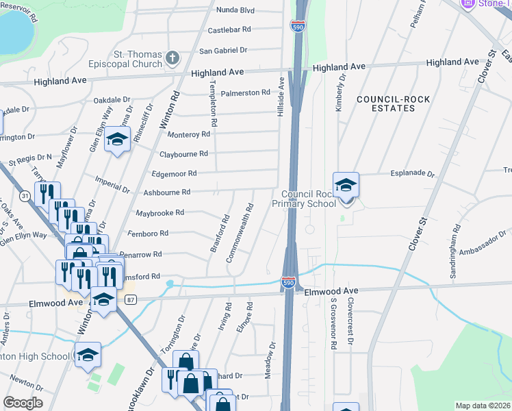 map of restaurants, bars, coffee shops, grocery stores, and more near 163 Commonwealth Road in Rochester