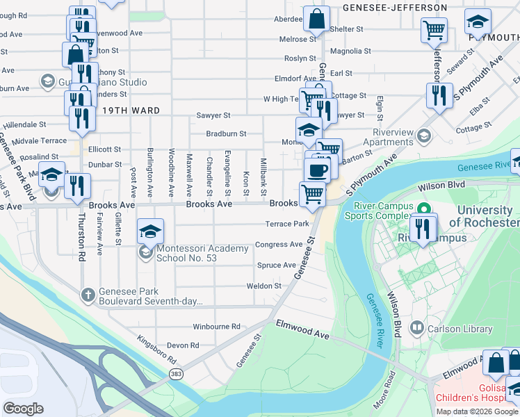 map of restaurants, bars, coffee shops, grocery stores, and more near 177 Brooks Avenue in Rochester