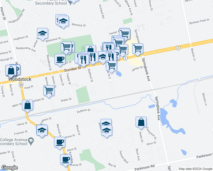 map of restaurants, bars, coffee shops, grocery stores, and more near 908 James Street in Woodstock