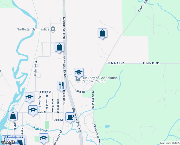 map of restaurants, bars, coffee shops, grocery stores, and more near 9101 Courtland Drive Northeast in Rockford