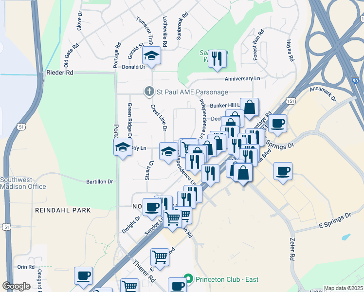 map of restaurants, bars, coffee shops, grocery stores, and more near 4310 Melody Lane in Madison