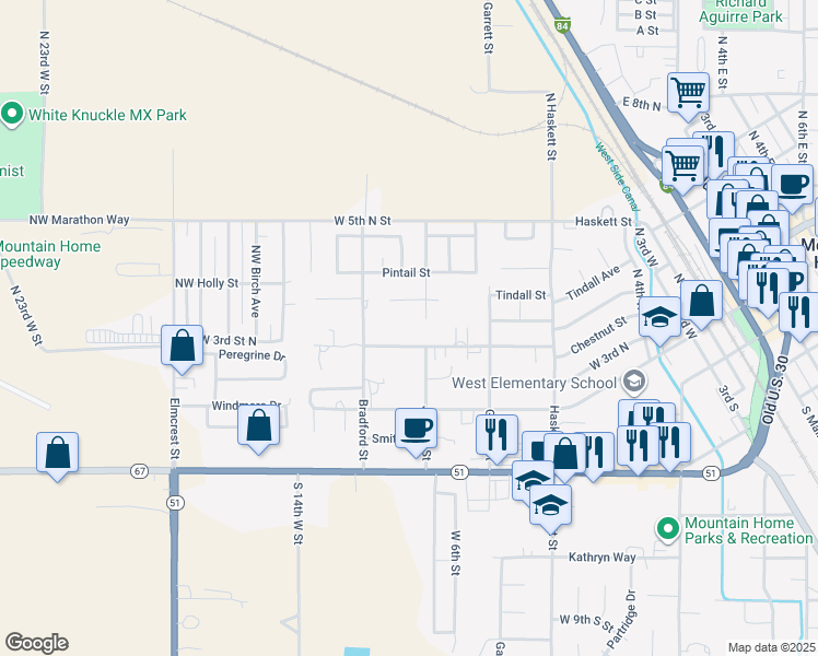 map of restaurants, bars, coffee shops, grocery stores, and more near 433 Northwest Jerome Avenue in Mountain Home
