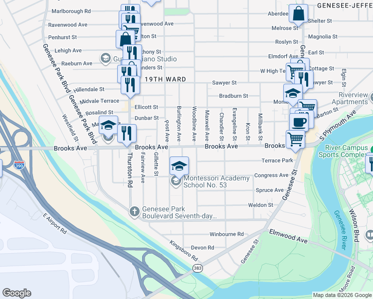 map of restaurants, bars, coffee shops, grocery stores, and more near 399 Brooks Avenue in Rochester