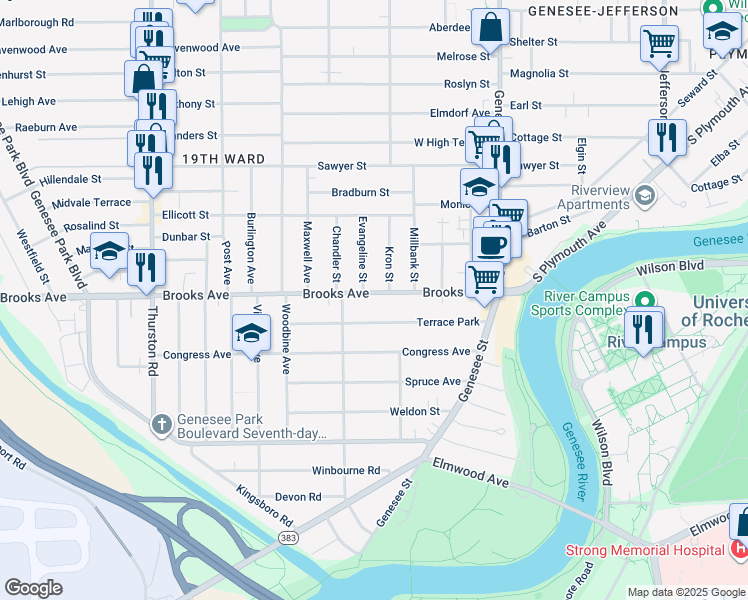map of restaurants, bars, coffee shops, grocery stores, and more near 231 Brooks Avenue in Rochester