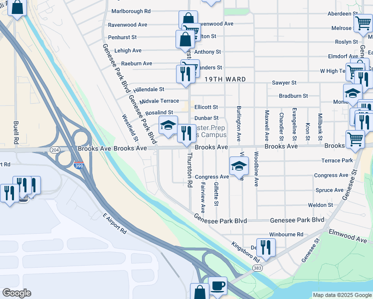 map of restaurants, bars, coffee shops, grocery stores, and more near 705 Thurston Road in Rochester