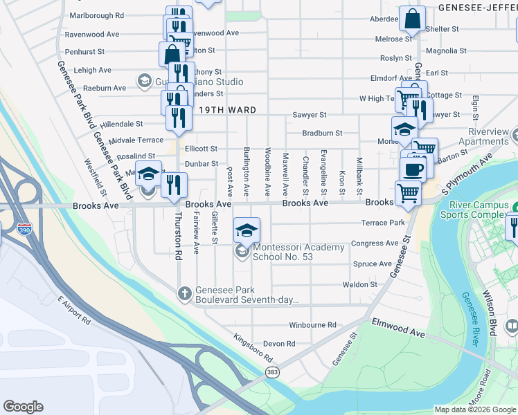 map of restaurants, bars, coffee shops, grocery stores, and more near 393 Brooks Avenue in Rochester
