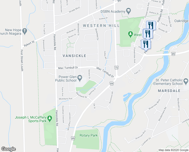 map of restaurants, bars, coffee shops, grocery stores, and more near 59 Sterling Street in St. Catharines