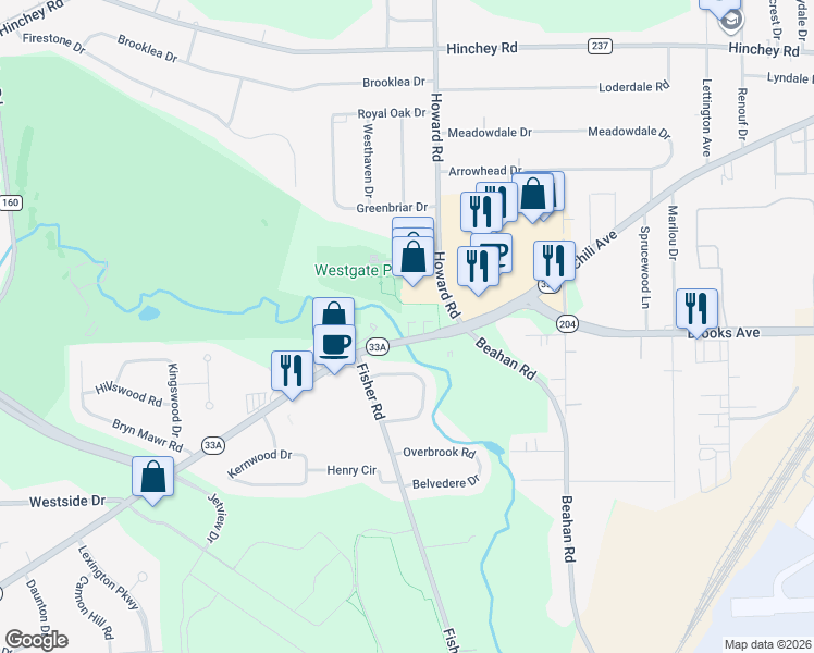 map of restaurants, bars, coffee shops, grocery stores, and more near 2184 Chili Avenue in Rochester