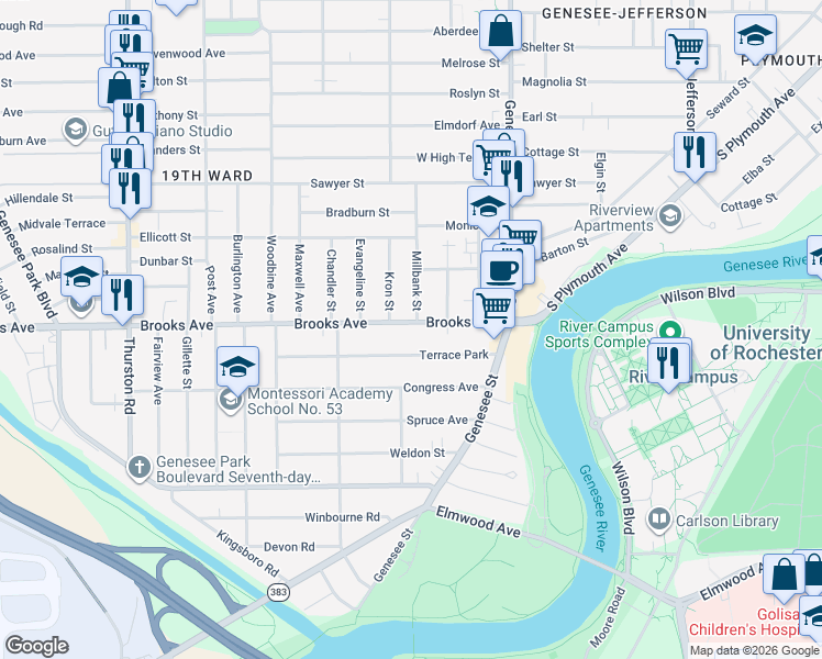 map of restaurants, bars, coffee shops, grocery stores, and more near 177 Brooks Avenue in Rochester