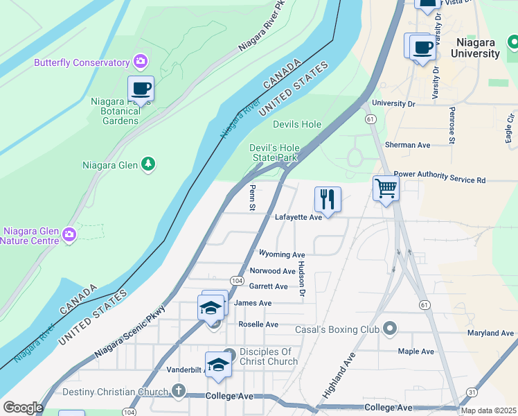 map of restaurants, bars, coffee shops, grocery stores, and more near 4817 Penn Street in Niagara Falls