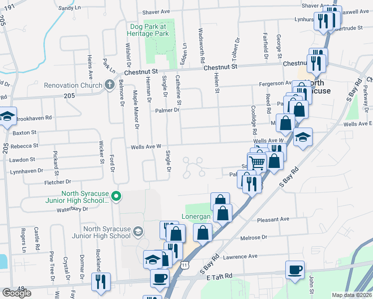 map of restaurants, bars, coffee shops, grocery stores, and more near 401 Wells Avenue West in North Syracuse