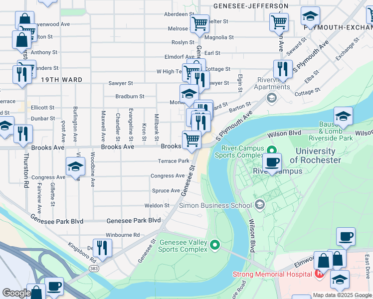 map of restaurants, bars, coffee shops, grocery stores, and more near 77 Brooks Avenue in Rochester