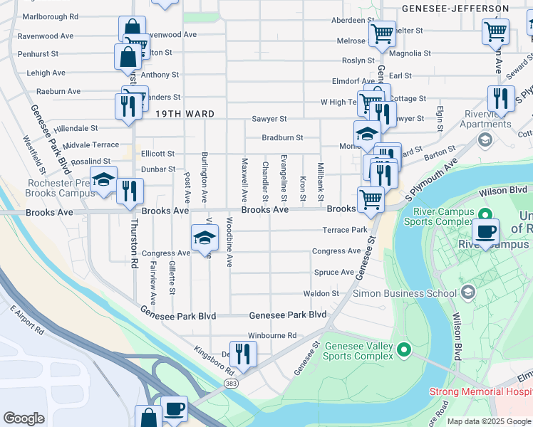 map of restaurants, bars, coffee shops, grocery stores, and more near 287 Brooks Avenue in Rochester