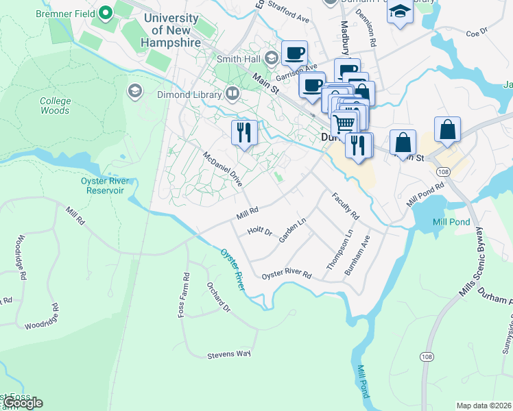 map of restaurants, bars, coffee shops, grocery stores, and more near 32 Mill Road in Durham