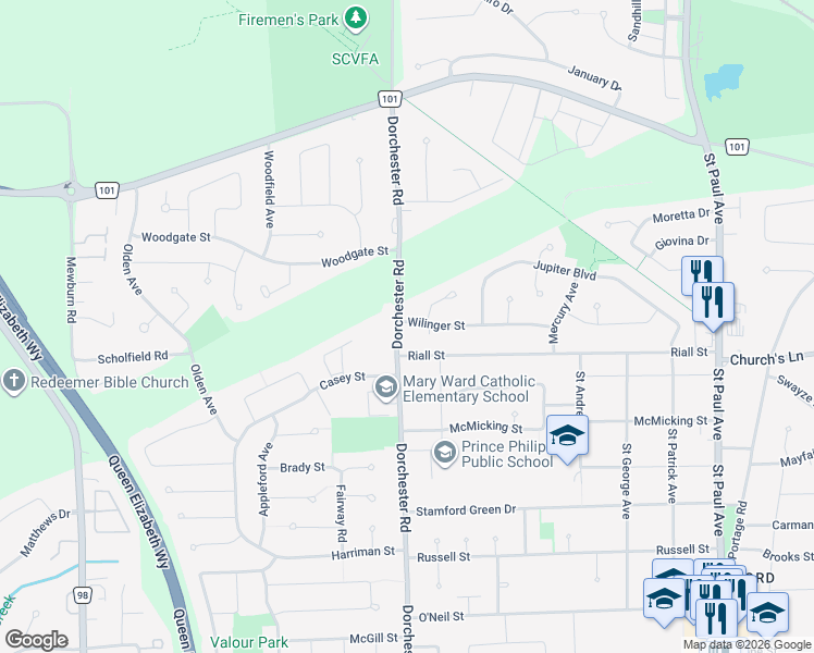 map of restaurants, bars, coffee shops, grocery stores, and more near 2853 Dorchester Road in Niagara Falls