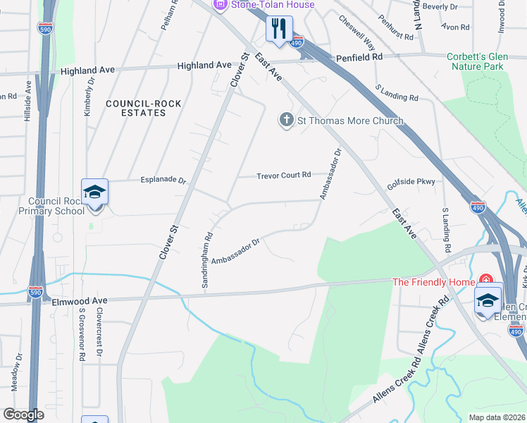 map of restaurants, bars, coffee shops, grocery stores, and more near 121 Sandringham Road in Rochester