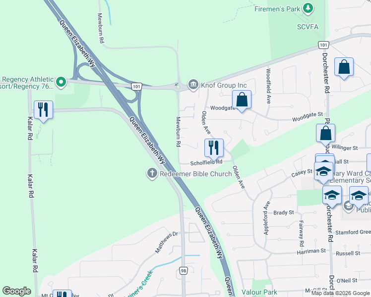 map of restaurants, bars, coffee shops, grocery stores, and more near 2868 Mewburn Road in Niagara Falls