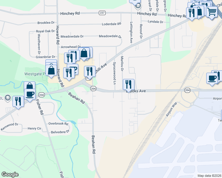 map of restaurants, bars, coffee shops, grocery stores, and more near 1728 Brooks Avenue in Rochester