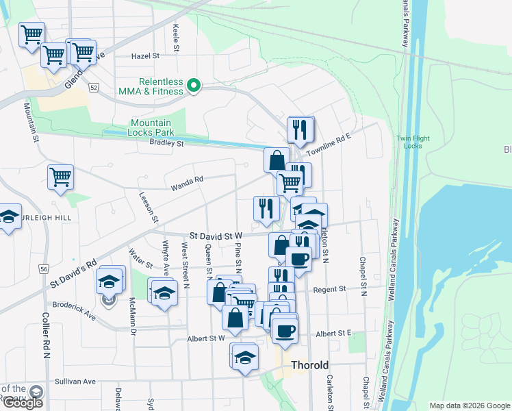 map of restaurants, bars, coffee shops, grocery stores, and more near 43 McNamara Street in Thorold