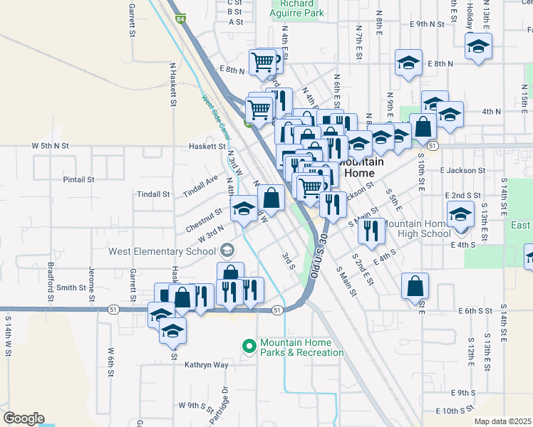 map of restaurants, bars, coffee shops, grocery stores, and more near 210 N 3rd W in Mountain Home