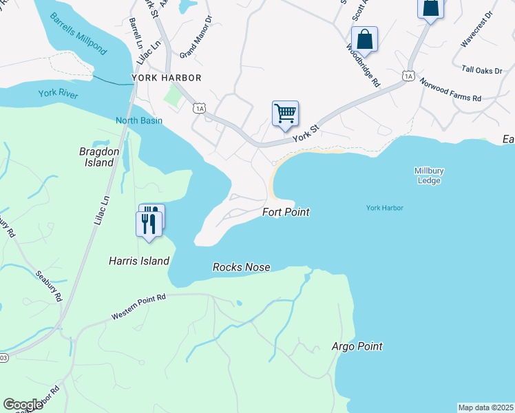 map of restaurants, bars, coffee shops, grocery stores, and more near 9 Stage Neck Road in York