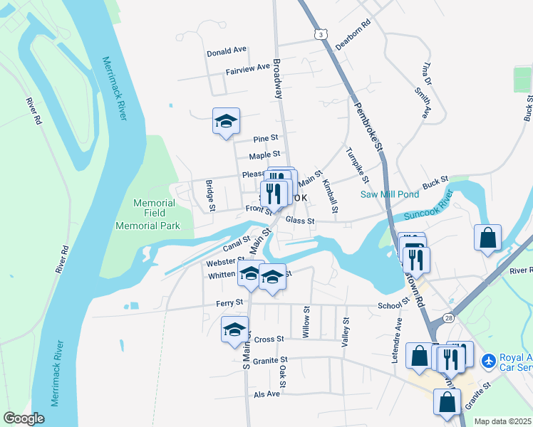 map of restaurants, bars, coffee shops, grocery stores, and more near 100 Main Street in Suncook