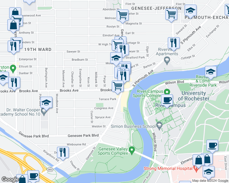 map of restaurants, bars, coffee shops, grocery stores, and more near in Rochester