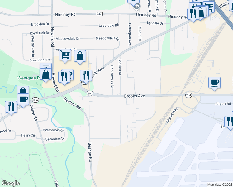 map of restaurants, bars, coffee shops, grocery stores, and more near 1680 Brooks Avenue in Rochester