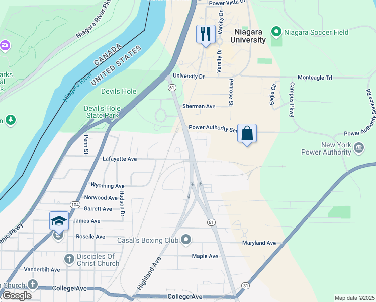 map of restaurants, bars, coffee shops, grocery stores, and more near 4715 Hyde Park Boulevard in Niagara Falls