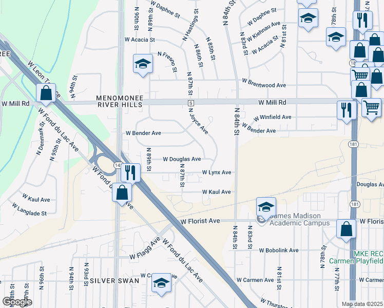 map of restaurants, bars, coffee shops, grocery stores, and more near 8647 West Monrovia Avenue in Milwaukee