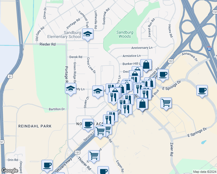 map of restaurants, bars, coffee shops, grocery stores, and more near 4310 Melody Lane in Madison
