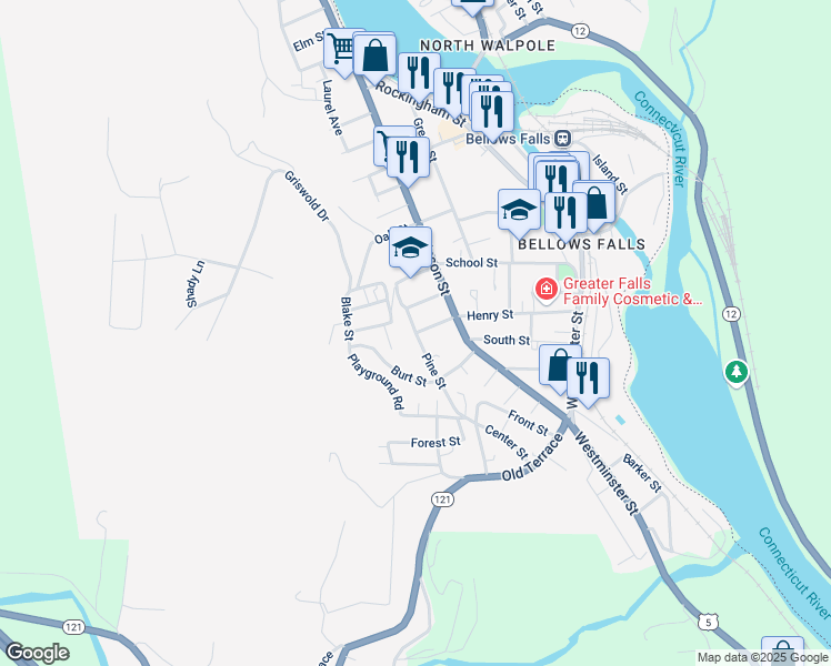 map of restaurants, bars, coffee shops, grocery stores, and more near 11 Pine Street in Town of Rockingham