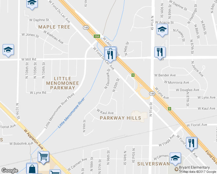 map of restaurants, bars, coffee shops, grocery stores, and more near 6224 North Denmark Street in Milwaukee