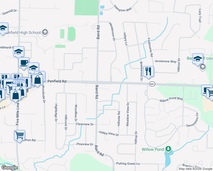 map of restaurants, bars, coffee shops, grocery stores, and more near 1963 Penfield Road in Penfield