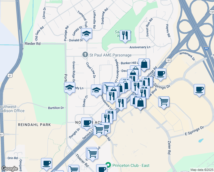 map of restaurants, bars, coffee shops, grocery stores, and more near 4310 Melody Lane in Madison